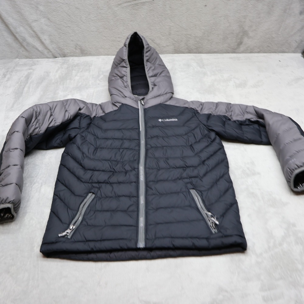 Columbia Jacket Youth Medium 10/12 Black Omni-Heat White Out Hooded Light Puffer